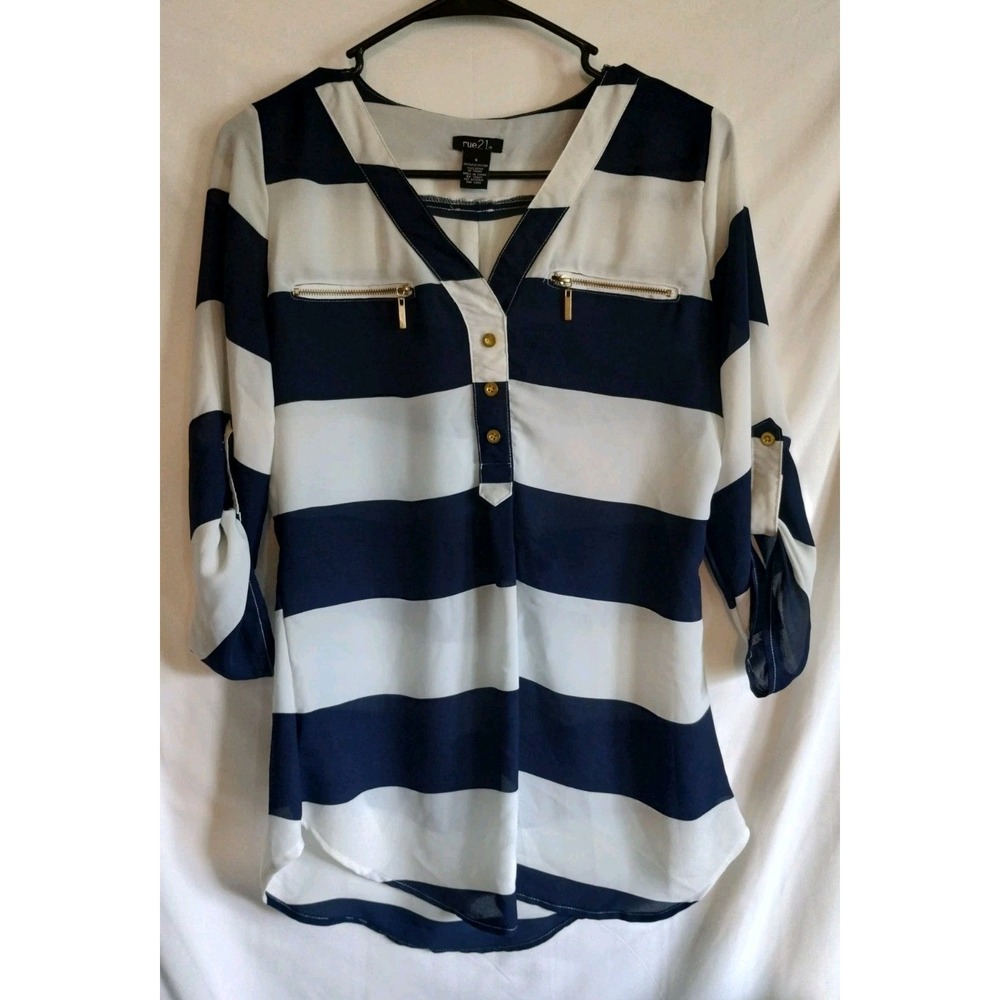 Rue 21 3/4 Length Sleeve Navy Blue and White Striped Women's Small Blouse